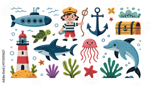 Ocean Adventure: Explore the wonders of the deep sea, with a charming illustration of nautical elements including a lighthouse, submarine, various marine creatures.