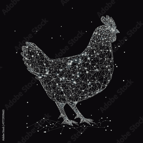 Abstract low poly wireframe chicken silhouette composed of glowing starry points and connecting lines on dark space background vector illustration