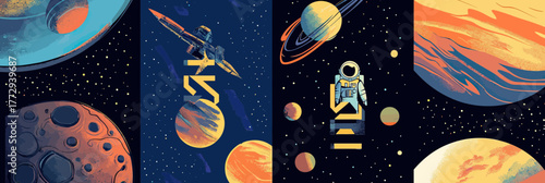 Futuristic astronaut floating in space surrounded by planets rocket stars and galaxy in flat minimalist vector style illustration for science and space exploration concept background