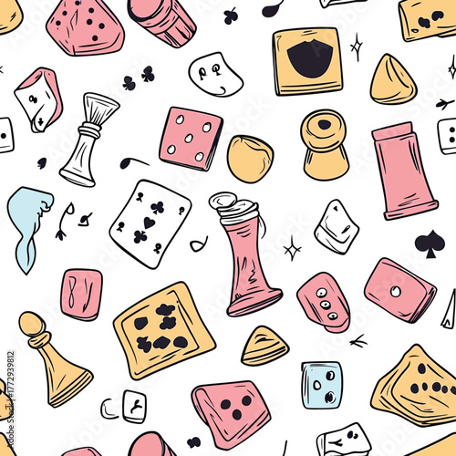 Seamless pattern of hand drawn board game elements including playing cards dice chess pieces dominoes and game tokens in doodle style vector illustration