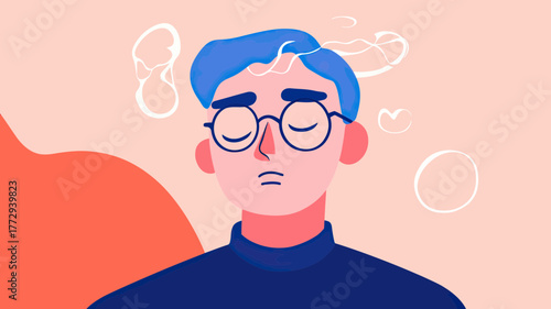 Young man with blue hair wearing glasses and turtleneck experiencing dizziness or confusion, abstract thought bubbles in flat minimalist style vector illustration for mental health concept