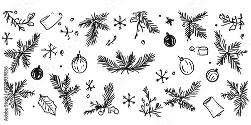 Hand drawn black and white Christmas holiday elements with pine branches, holly leaves, mistletoe, snowflakes, ornaments, festive decoration sketches vector illustration