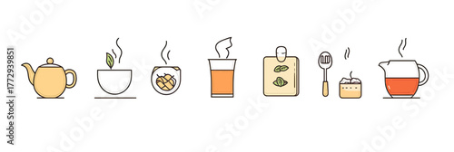 Minimalist line art tea brewing process icons set with teapot, cup, tea bag, spoon, honey, and pitcher for hot drink preparation steps illustration