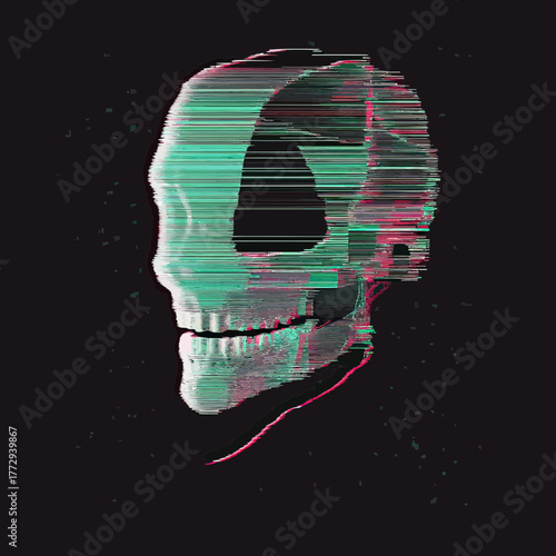 Glitch effect distorted digital skull profile with red and green anaglyph 3D channels on black background, futuristic cyber technology concept
