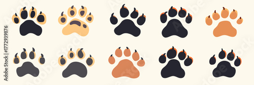 Collection of twelve flat minimalist vector lion paw prints silhouettes with variations in color and design isolated on light background for wildlife and animal tracking concept