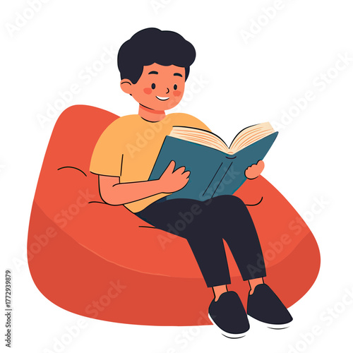 Young boy sitting on orange bean bag chair reading open book smiling flat minimalist vector illustration