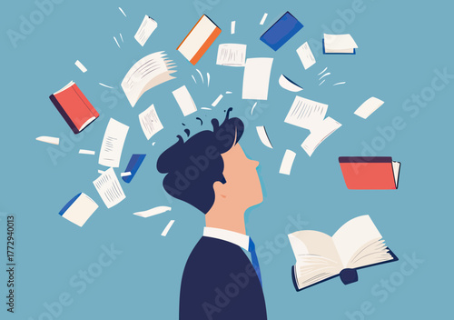 Businessman with open head losing books and scattered pages flying around, concept of clearing mind, forgetting information, and making space for new knowledge in flat vector style