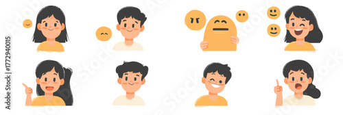 Customer feedback facial expressions set with diverse men and women showing emoji satisfaction ratings and emotional reactions in flat minimalist vector style