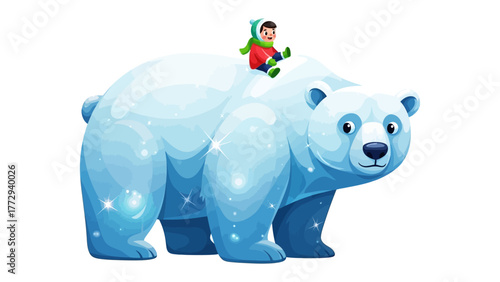Winter Adventure: A spirited young explorer embarks on a fantastical journey, perched atop a friendly polar bear, symbolizing the magic of winter and the bond of companionship. 
