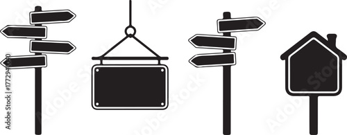 Silhouette Directional Sign Post Hanging Signboard Orientation House Shaped Blank Vector Illustration Isolated on Transparent