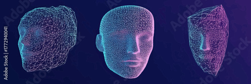 3D polygonal wireframe human faces in blue and purple futuristic style digital mesh technology facial recognition concept vector illustration on dark background