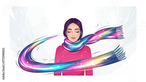 Serene Embrace: A woman wraps herself in the cozy comfort of a vibrant, flowing scarf, capturing the essence of inner peace and tranquility.