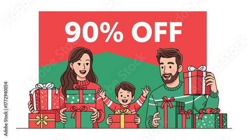Joyful Family Celebration with 90% Off Christmas Gifts:  A happy family joyfully celebrates the holidays with a 90% discount on gifts, highlighting the festive spirit of giving and togetherness.