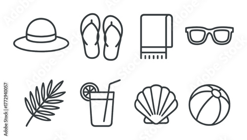 Summer icons: hat, flip flops, towel, sunglasses, palm, drink, shell, ball – beach essentials