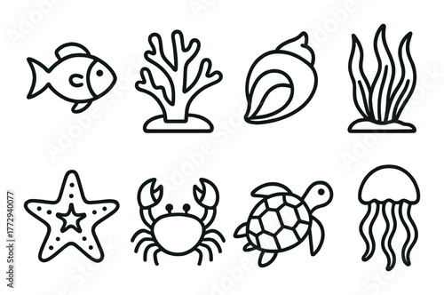 Outlined sea creatures and plants: fish, coral, shell, seaweed, starfish, crab, turtle, jellyfish