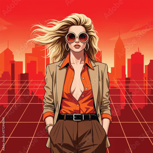 Stylish woman with blonde hair and sunglasses in a city at sunset, 80s retro vibe