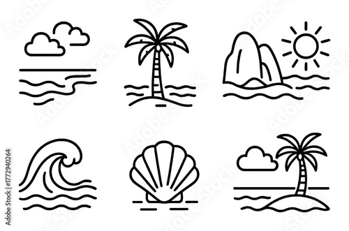 Minimalist beach icons: palm trees, waves, shells, sunset, clouds