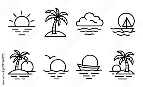 Minimalist beach icons: sunset, palm trees, clouds, boat, ocean waves