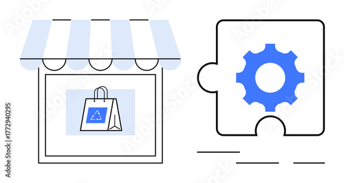 Small storefront with striped awning and shopping bag alongside a gear-shaped puzzle piece. Ideal for retail, e-commerce, online shopping, business strategy, solutions, problem-solving, innovation