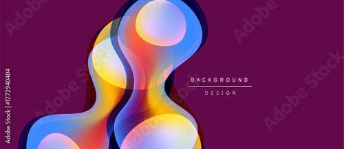 Abstract fluid shapes overlap, creating vibrant color gradients. Purple background enhances dynamic visual effect. Modern design element.