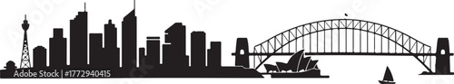 Silhouette skyline of sydney australia famous bridge opera house with sailing boat and towers 130 characters