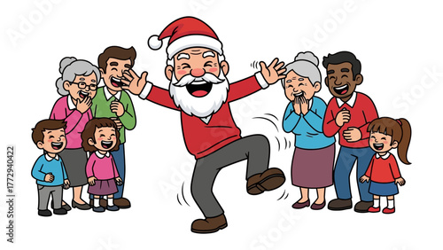 Joyful Gathering: Santa Claus, radiating mirth, interacts amidst an intergenerational family gathering, a vibrant celebration of the festive season.