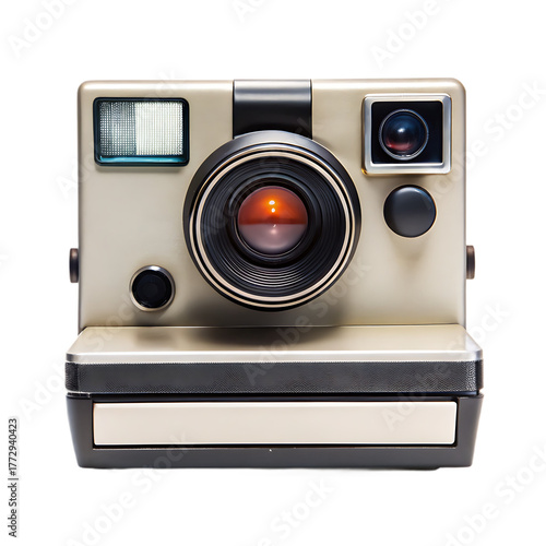 A close up shot of a vintage polaroid camera with a flash and lens against a black background