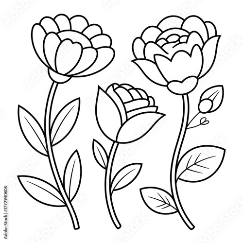 A line drawing of three flowers that appear to be tulips coloring page
