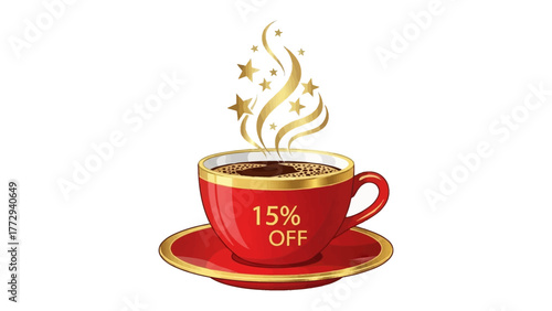 Coffee Delight Offer: A charming cup of coffee is the star, steaming gracefully and embellished with glittering stars, all to entice. The image presents an irresistible invitation to a 15% discount.