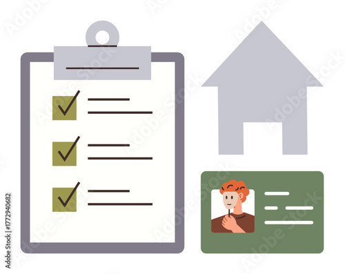 Clipboard checklist with marked tasks, minimalist house icon, and ID card with photo. Ideal for organization, planning, real estate, identity verification, administration and management concepts. A