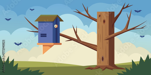 Bat house on tree trunk surrounded by clouds and flying bats  