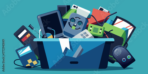 Broken electronics and gadgets in a blue recycling bin  
