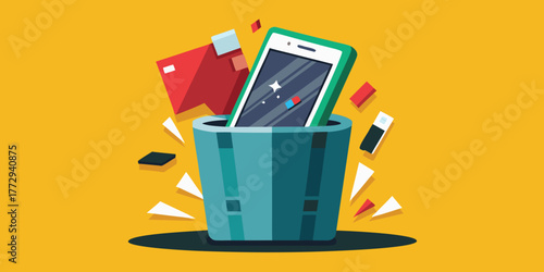 Broken smartphone discarded in e-waste bin with colorful papers  