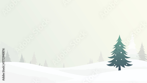 Peaceful Winter Scene With Snowy Hills And Christmas Tree In Soft Sunset Light


