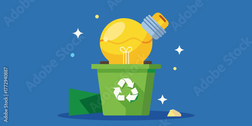 Broken light bulb disposed in green recycling bin with starry background  