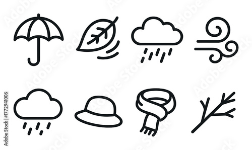 Monochrome weather icons featuring rain, wind, and autumn elements