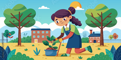 Young girl planting tree in schoolyard on a sunny day  