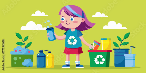 Young girl recycling aluminum cans in green park with plants  