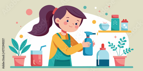 Girl refilling reusable spray bottle while standing at home counter  