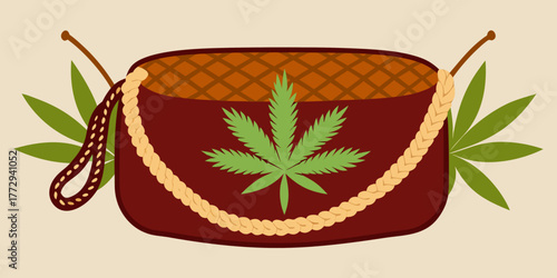 Hand-knit hemp bag with green cannabis leaf decoration  