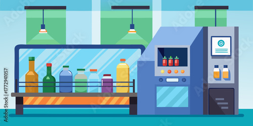 Glass bottle return machine with colorful containers in modern store  