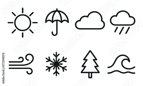 Weather icons set with sun, umbrella, cloud, rain, wind, snowflake, tree, and wave