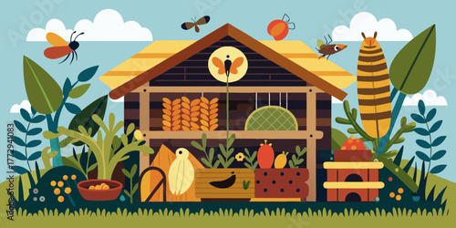 Homemade insect hotel with plants and natural habitat elements  