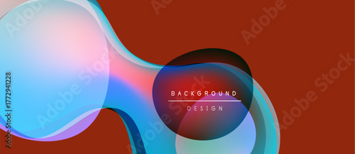 Abstract fluid shapes overlap, creating vibrant color gradients. Red background complements cool blues, pinks, turquoise. Modern design element.