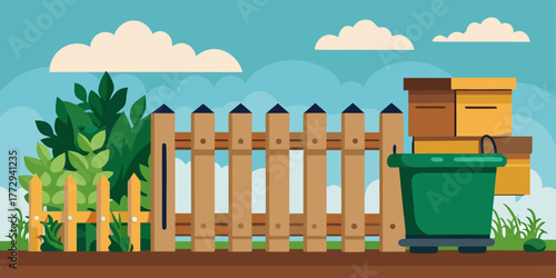 Compost bin and boxes behind wooden fence in sunny backyard  