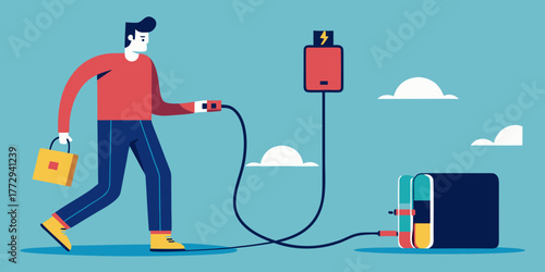 Person unplugging charger from battery while walking with bag  