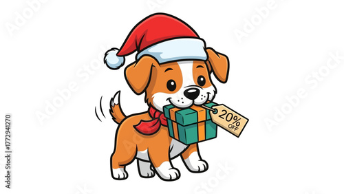 Festive Puppy with Present: An adorable puppy adorned with a Santa hat and a scarf, playfully carrying a gift box with a tag indicating a discount.