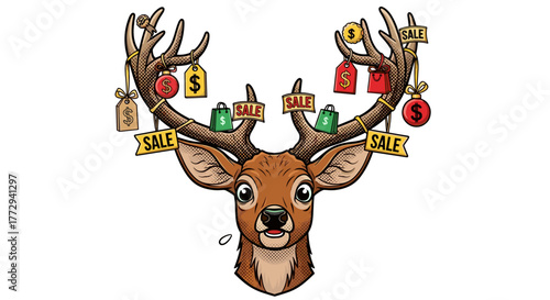 Deer with sale ornaments on antlers for winter sale banner design  