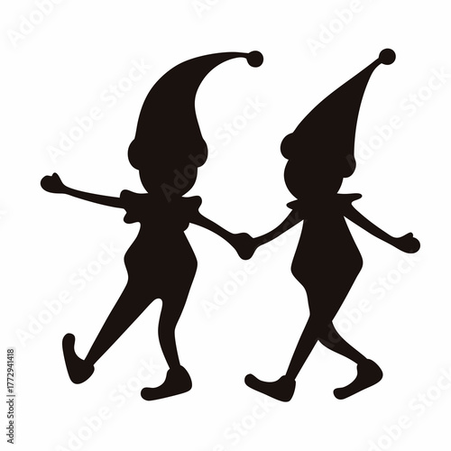 Silhouette of two elves walking or dancing in a playful manner