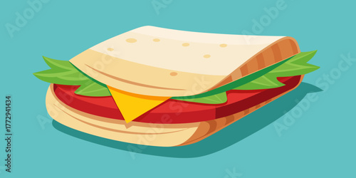 Sandwich with lettuce, cheese, and tomato on turquoise background  